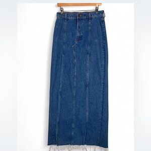 NWT MOTHER Snacks Denim Maxi Skirt Front Slits Frayed Hem Made in USA Size 28